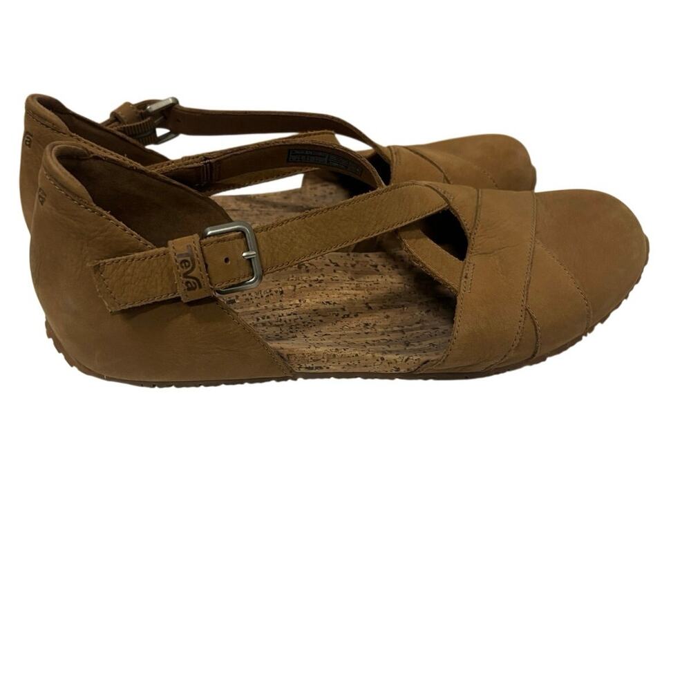 Teva Leather Closed Toe Comfort Flats Tan Cork Footbed Buckle Shoes US 8.5